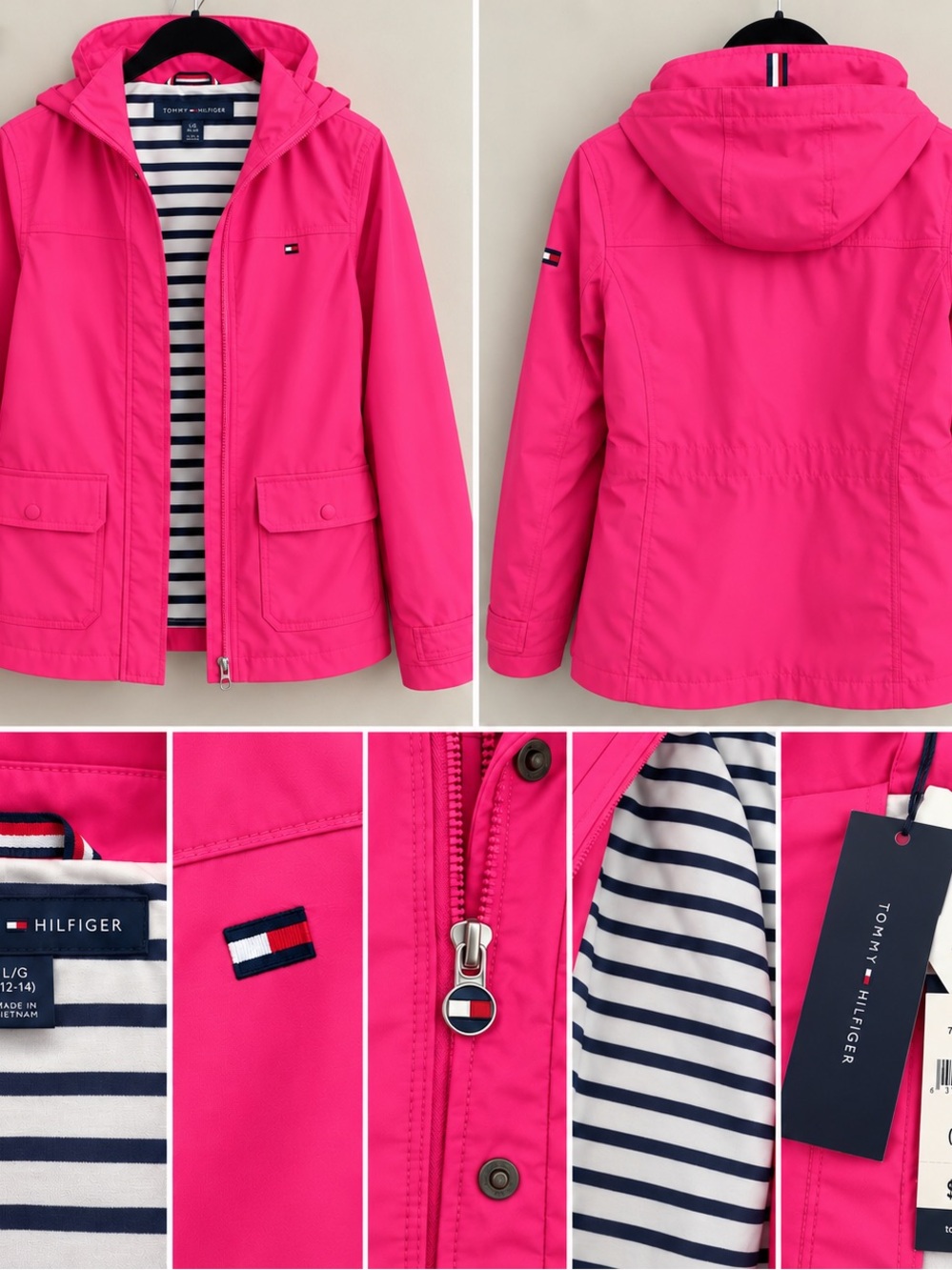 Tommy Hilfiger Hot Pink Hooded Raincoat with Striped Lining